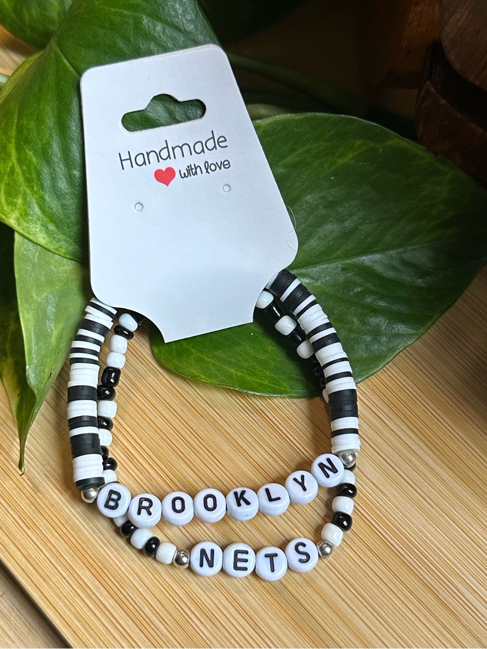 🏀 2-Piece Brooklyn Nets Stretchy Bracelet Set | Handmade | Beaded